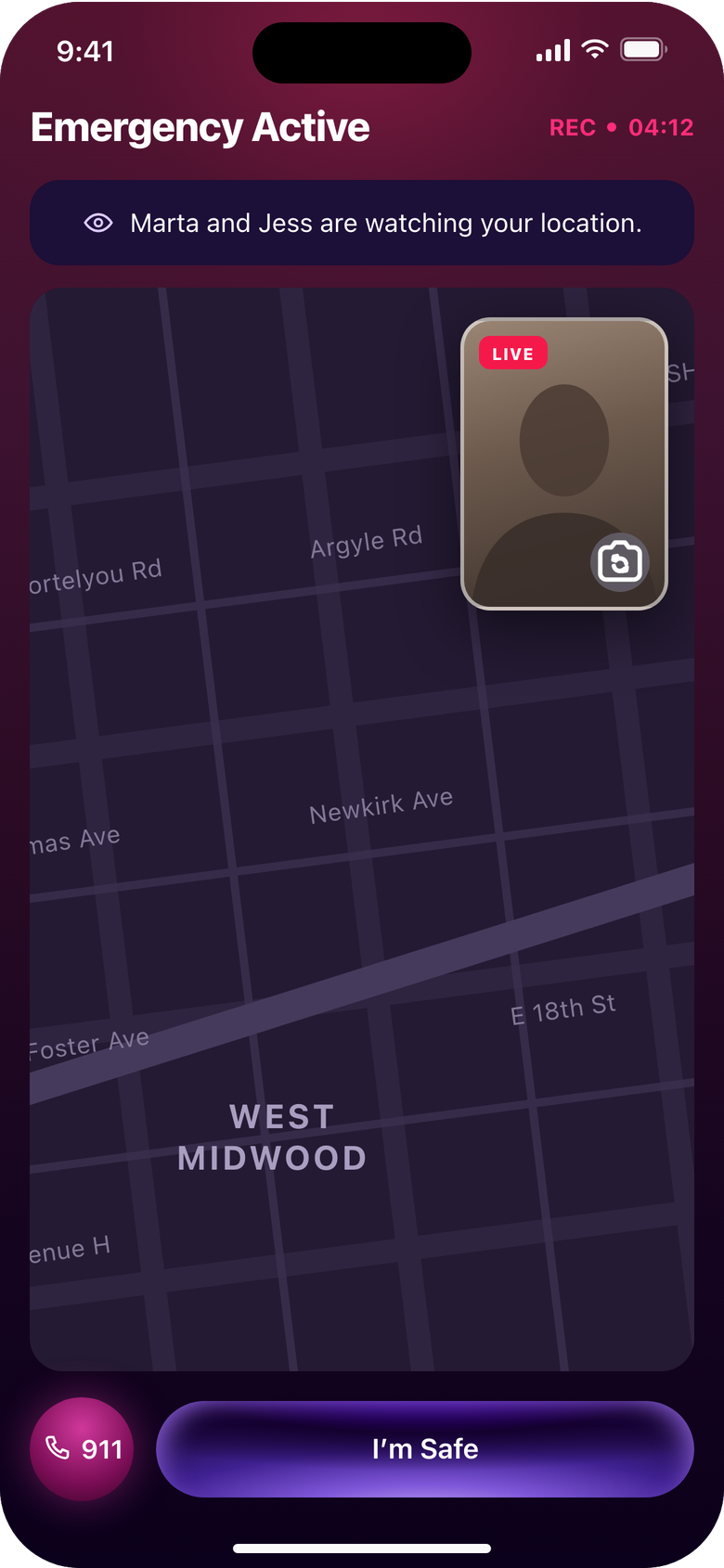 The Emergency Active screen: who is watching, a map with your live location, a LIVE video card, a 911 button and I'm Safe.