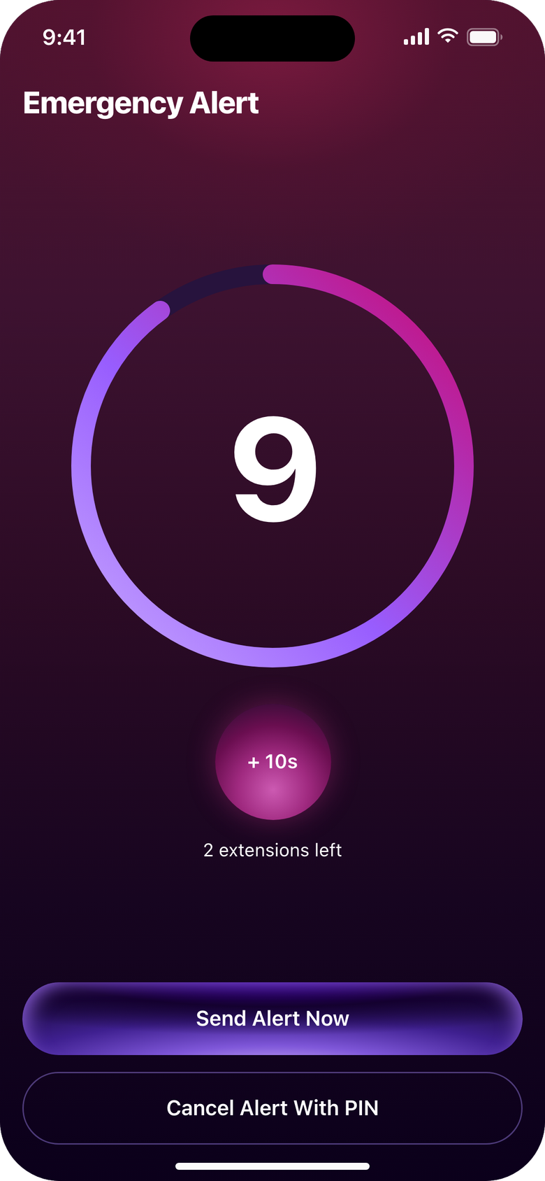 The Emergency Alert countdown at nine seconds with a plus ten seconds button, Send Alert Now and Cancel Alert With PIN.