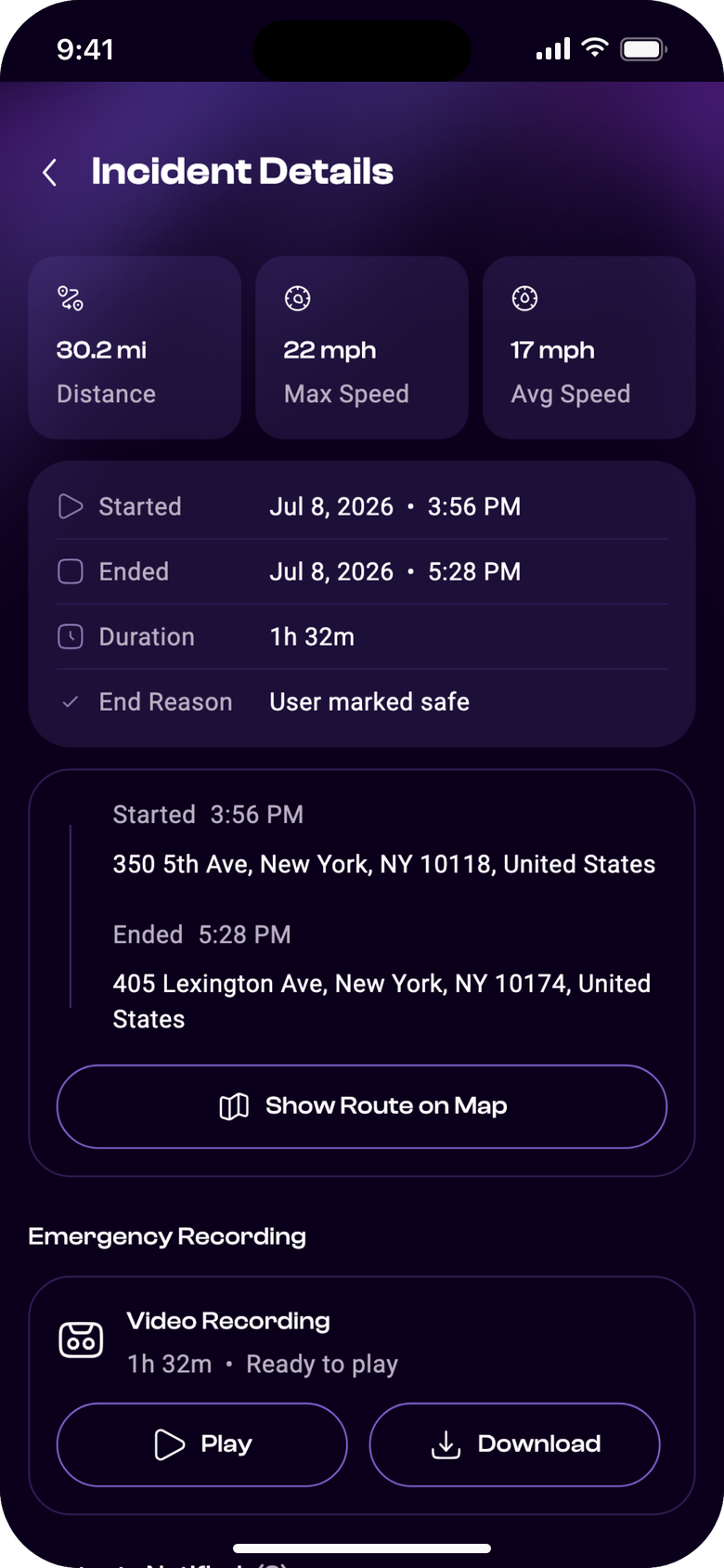 The Incident Details screen: distance, speeds, start and end, the route, the recording with Play and Download, and the contacts notified.