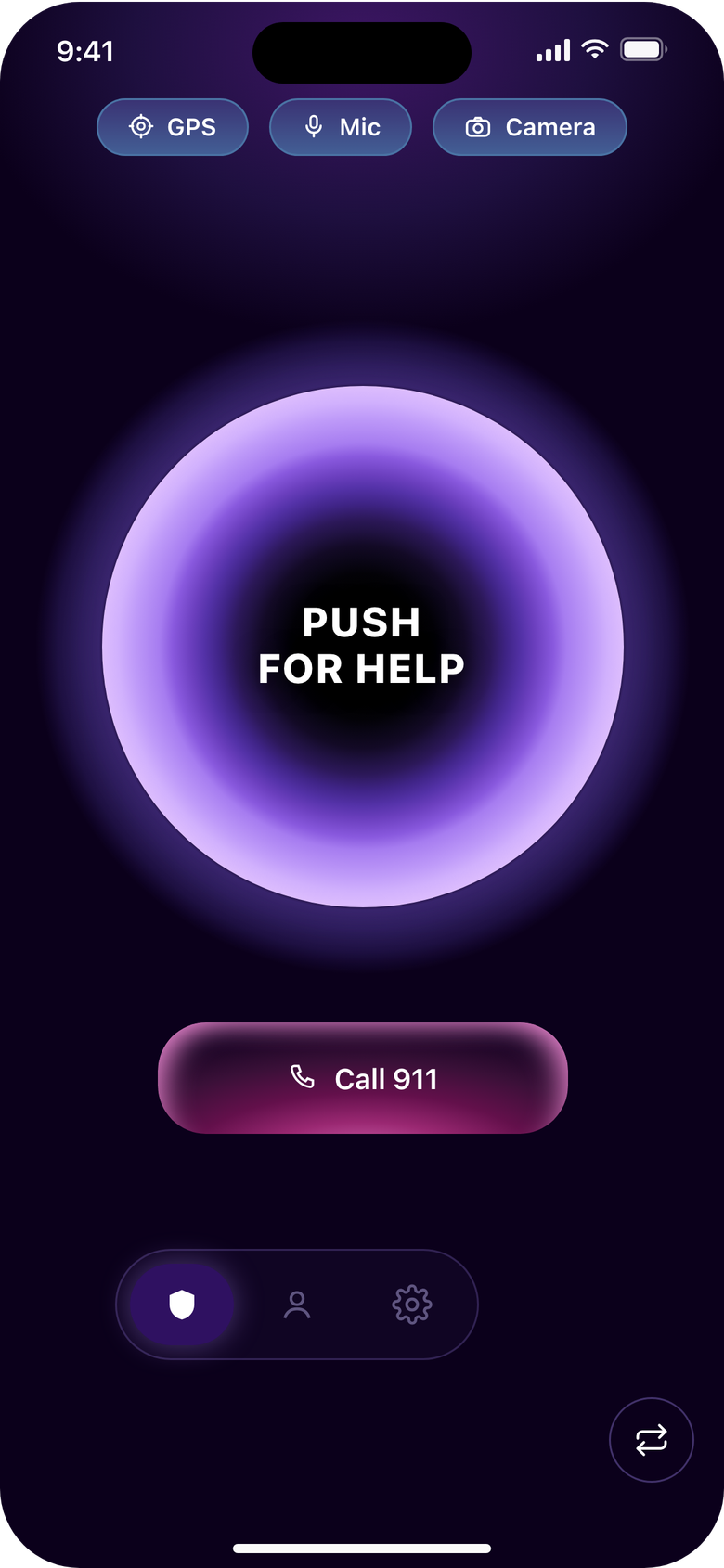 The push! home screen between alerts: the Push for help button, nothing being sent.