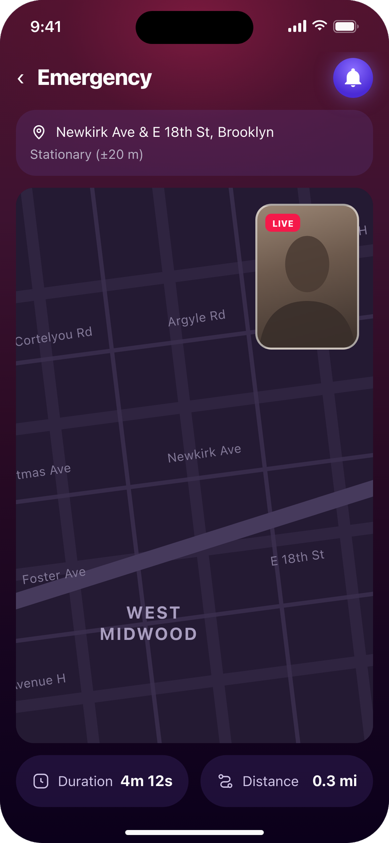 A contact's Emergency screen: your address, a map, a LIVE video card, and Duration and Distance.