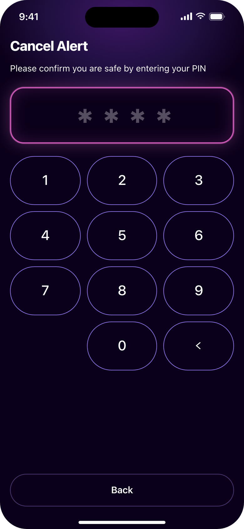 The Cancel Alert screen asking for your PIN to confirm you are safe.