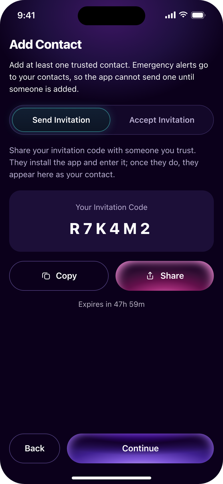 The Add Contact screen with a six-character invitation code and Copy and Share buttons.